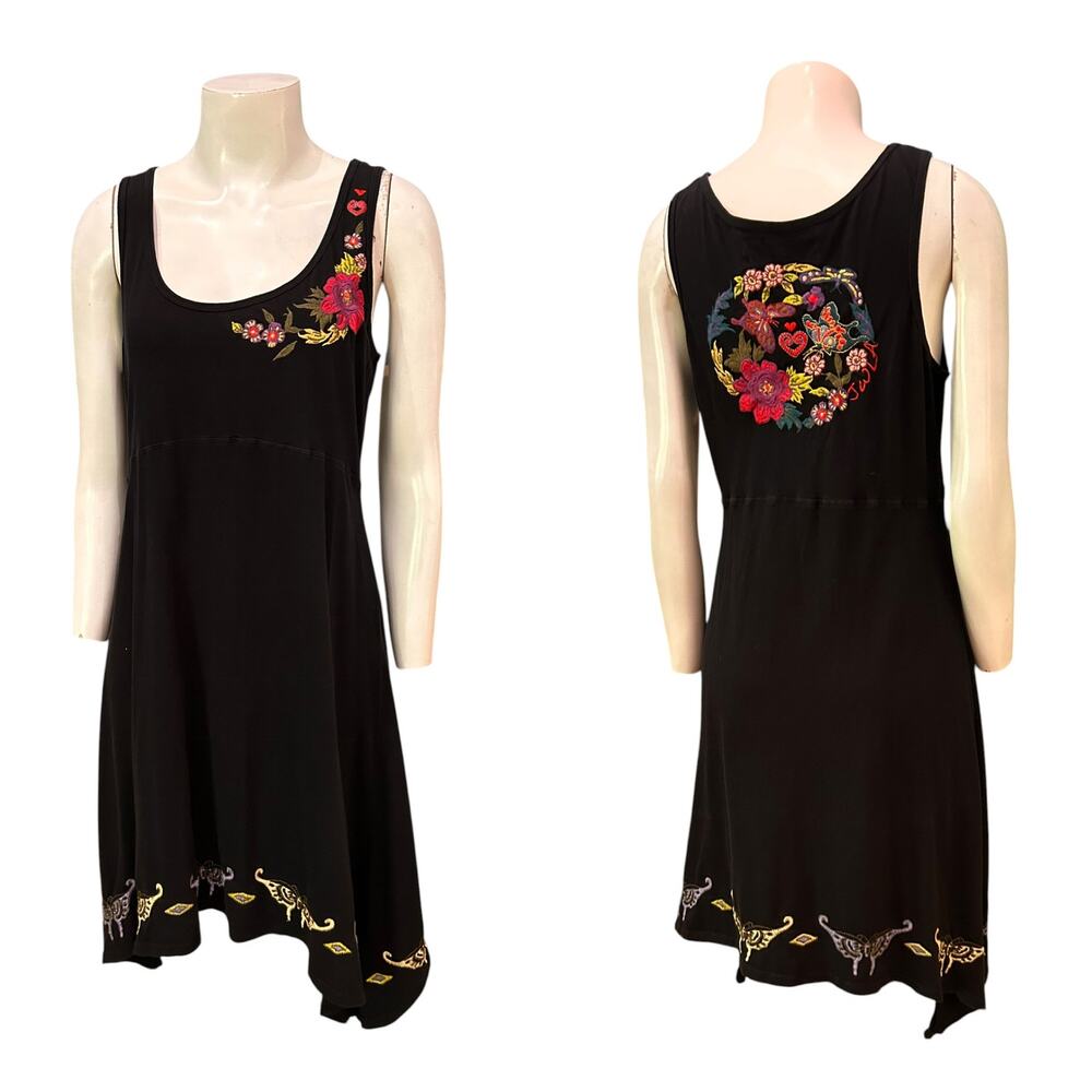 Johnny Was Tank Dress Butterfly Embroidered Black Cotton Handkerchief Hem M - - Picture 3 of 8